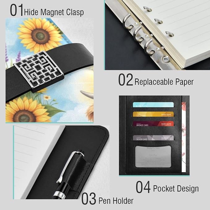 Cute Highland Cow Pattern PU Leather Notebook A5 Binder 6 Ring Refillable Journal with Magnetic Buckle Closure Loose Leaf Travel Office Planner Budget Binder Notepad Portfolio,