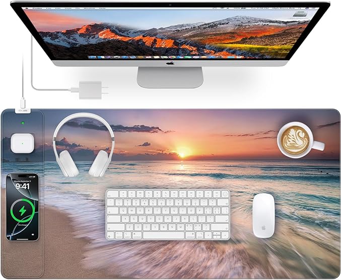Wireless Charging Mouse Pad, 31.5"x15.8" in, Beach Sunset | Anti-Fray Stitched Edges, Waterproof Premium Textured Surface, Non-Slip Rubber Base, with 20W PD Adapter