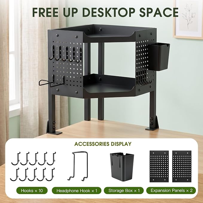 2-Tier Metal Clamp On Desk Shelf, Desk Organizer with 2 Pegboards and Hooks | Heavy Duty Corner Desk Shelf with Removable Pegboards Headphone Holder Pencil Cup and Hooks for Desk organizers Accessories