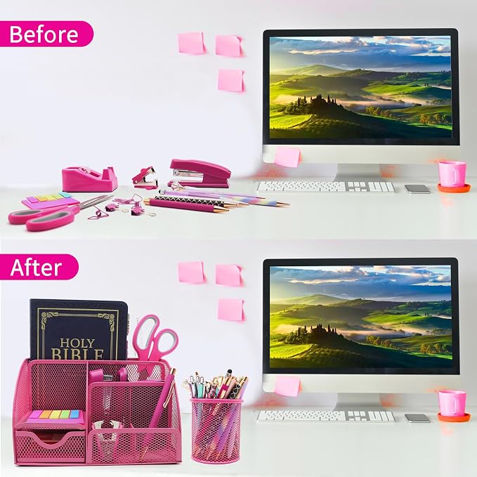 12Pcs Hot Pink Desk Organizers and Accessories Set for Office School Home | Office Supplies for Women Coworkers Students, Include Stapler, Pen Holder, Tape Holder, Scissors, Ruler, Staple Remover