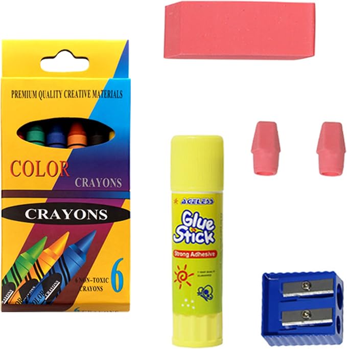 Moda West 24 Pack Bulk School Supplies 18 Piece Kit - Pens, Pencils, Crayons, and More - Essential Box of School Supplies for Elementary, Middle, and High School Students