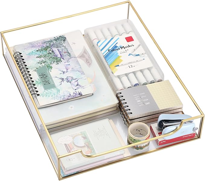 BTSKY 1 Pack Golden Glass Desk Tray, Multi-Purpose Organizer for A4 Paper, Documents, Desk Supplies, Makeup, Clear File Tray with Metal Frame, Stackable Decorative Storage for Home Office Vanity