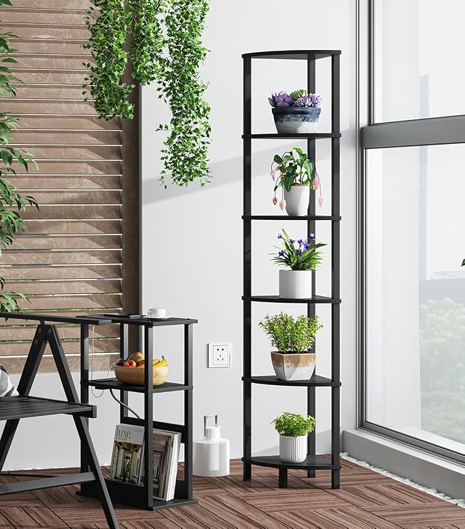 VIMBER Corner Shelf, 6-Tier Corner Bookshelf, Industrial Corner Ladder Shelf, DIY Storage Shelves, Modern Display Shelf for Living Room, Bedroom, Kitchen, Home Office, Black UJSJ004B