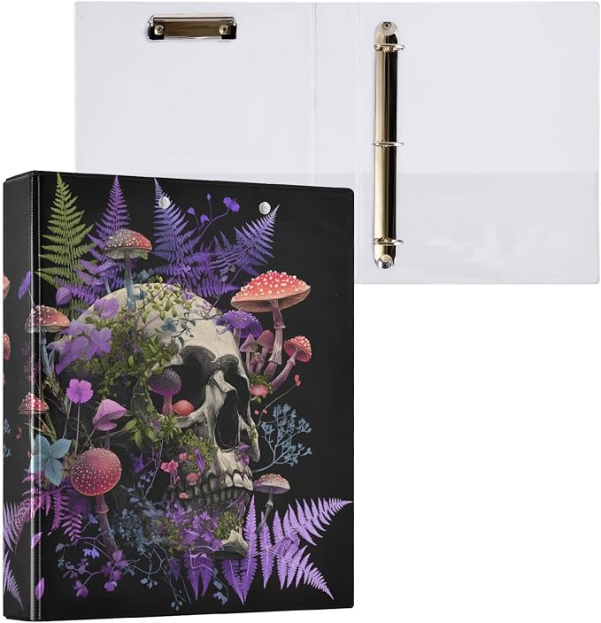 ALAZA 3 Ring Binder Mystic Skull Head Mushroom Clipboard Round Ring Binder Holds 1.5 Inch Three Rings Binders for Office Supplies, 1Pack