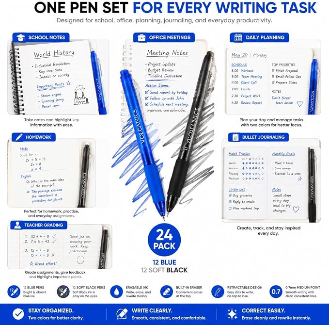 Volcanics 24 Pack Retractable Erasable Gel Pens, 12 Blue & 12 Soft Black Ink, 0.7mm Medium Point Clicker Erasable Pens with Built-in Eraser for School, Office, Note Taking and Journaling