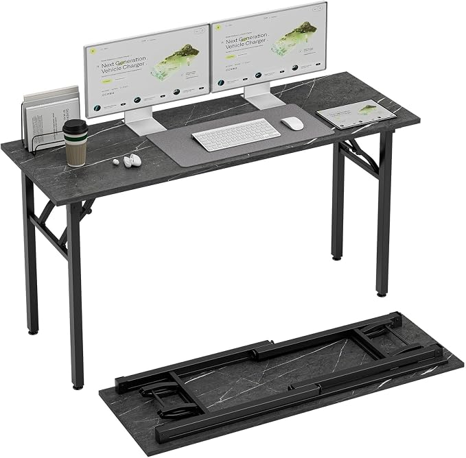 TEMI Small Computer Desk Folding Table - 55.1" Foldable Office Desk, No Assembly, Perfect for Small Spaces in Bedroom, or Apartment, Portable Mini Desk or Study Table Compact Design, Marble Greige