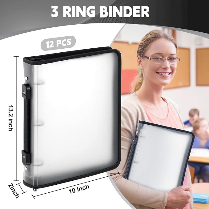 Teling 12 Pcs 1 Inch Zipper Binder 3 Ring Organizer, White | Secure Zipper Closure, Refillable 3 Ring Design, Handle Carry, Fits Letter Size Papers for School, Office and Projects