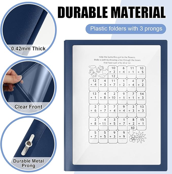 Teling 72 Pcs Report Covers with 3 Prong Fasteners Clear Front Presentation Folders Frame View Poly Report Folder Presentation Binder for Paper Document School Office (Navy Blue)