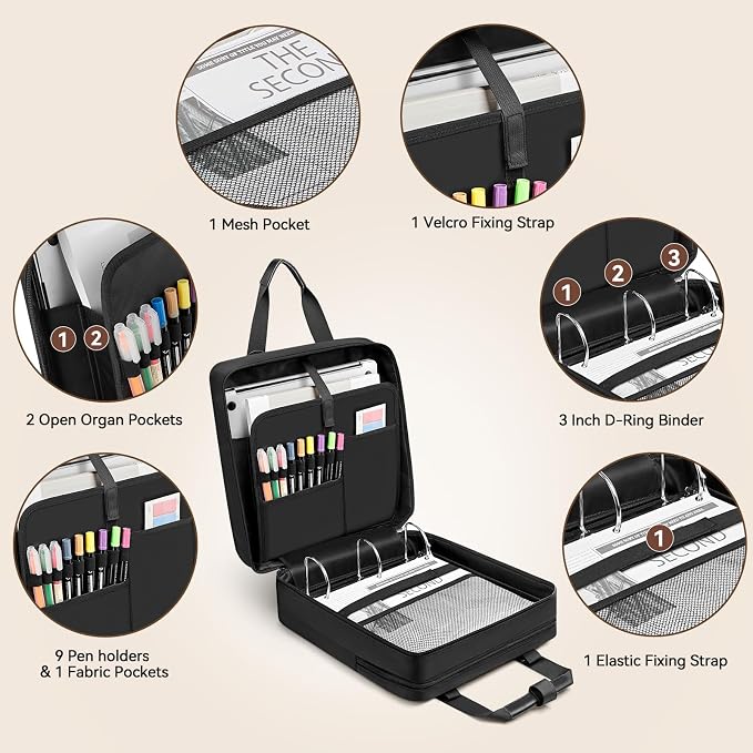 3 Inch Zipper Binder 3 Ring, D-Ring School Binder Organizer Holds 700 Sheets, Multi-Pocket Zippered Binder Bag with Backpack Straps & Shoulder Strap, Fits 15.6-Inch Laptop