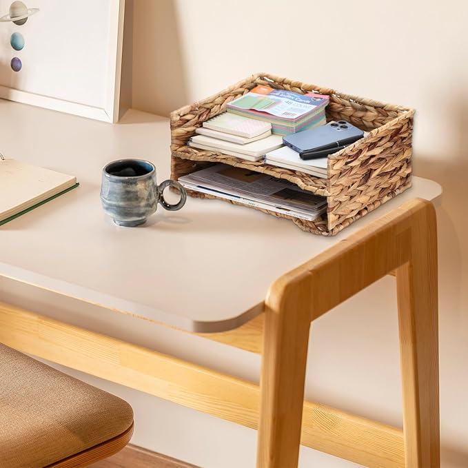 BTSKY 2 Tier Water Hyacinth Letter File Storage Basket, Woven Paper Organizer A4 File Tray Magazine Holder Woven Basket for Desk Document Office Paper Organizer and Storage