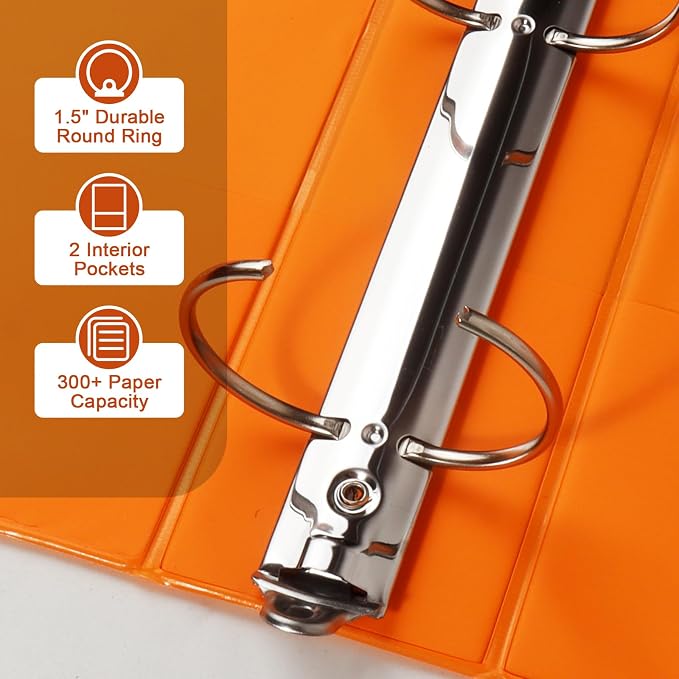 CIXILDTS 1.5-inch Round Ring Binder, Durable 1-1/2" 3 Ring Binder Fit Letter Size Paper, Orange, 6-Pack