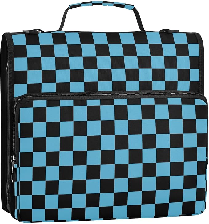 Black Blue Checkered Pattern 3 Ring Binder Bag 1.5 inch Binder Organizer with Zipper Shoulder Strap 500 Sheet Documents Storage for School Office