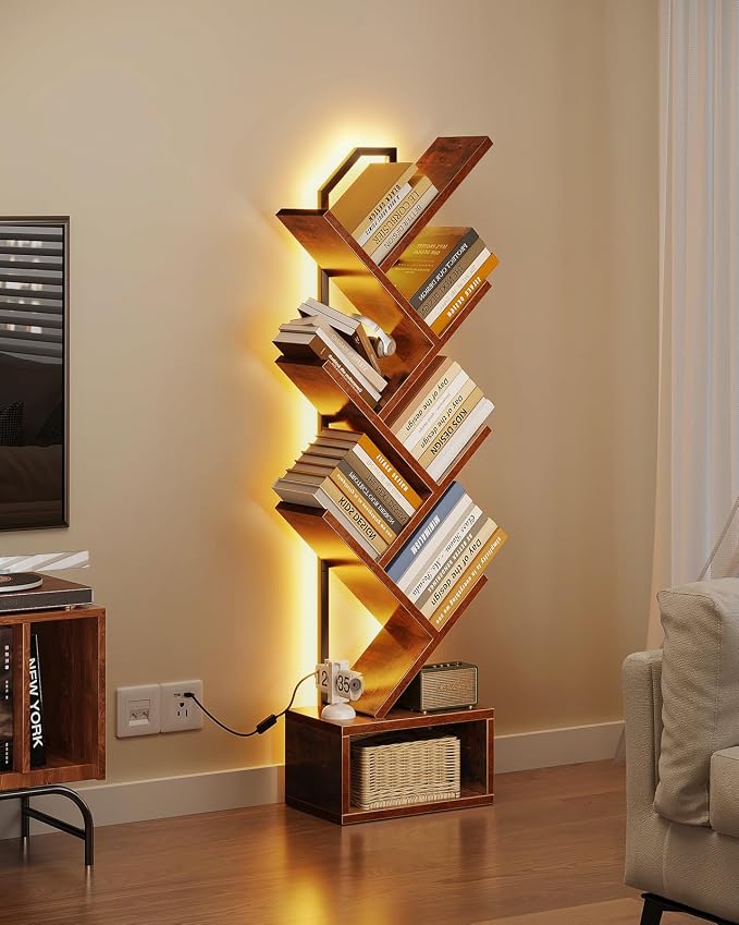 Casaottima Tree Bookshelf with LED Lights, 6-Tier Small Bookshelf, Vintage | Narrow Bookcase for Small Spaces, Steel & Wood Storage Shelf with Cabinet, Home Organizer for Living Room, Bedroom, Office