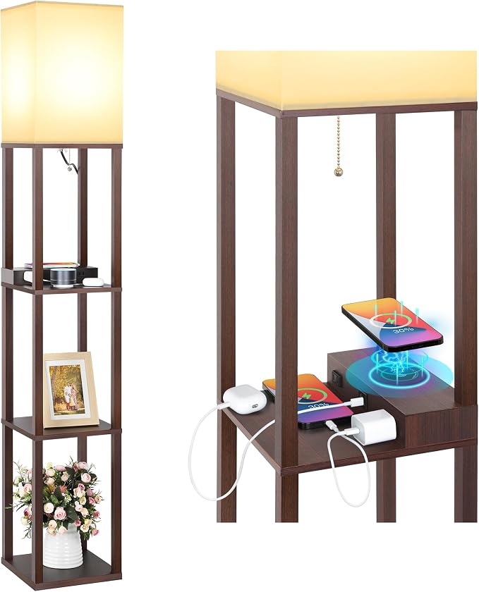 Shelf Floor Lamp with Wireless Charger, USB, Type C, AC Port,Brown | Fast Charging USB Ports & Type C Port & 2 Power Outlets, 3 Tier Storage Shelf Lamp, E26 Base, 60W Max(Bulb Not Included)