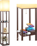 Shelf Floor Lamp with Wireless Charger, USB, Type C, AC Port,Brown | Fast Charging USB Ports & Type C Port & 2 Power Outlets, 3 Tier Storage Shelf Lamp, E26 Base, 60W Max(Bulb Not Included)