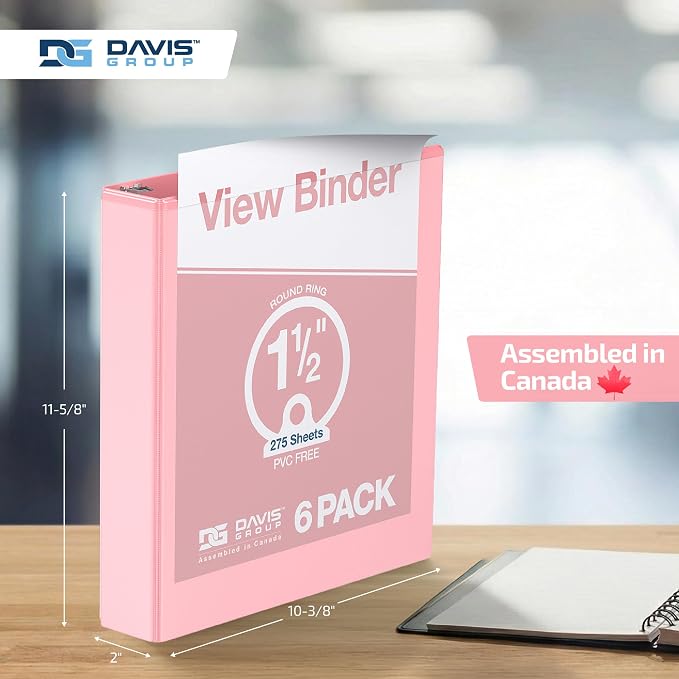 Pack of 6 Premium View Binders, Ring Binders with Clear-View Cover and Interior Pockets, Pastel Color Options, 1.5 Inch, Blush