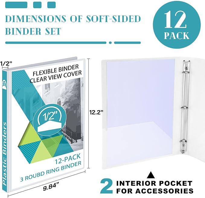 Fulmoon 12 Pcs Economy View 3 Ring Plastic Binder 12.2 x 9.8 Inch Plastic Round Ring Binders with Pockets Notebinder for Meetings for Home, Office, School(White, 1/2 Inch)