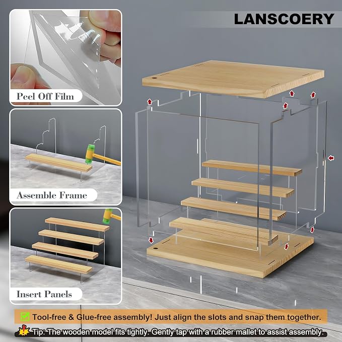 LANSCOERY Acrylic Display Case for Collectibles, 5-Tier LED Light, Wood | 3mm clear acrylic panels with front door access and tri-color top light for small figures on a desk or shelf.
