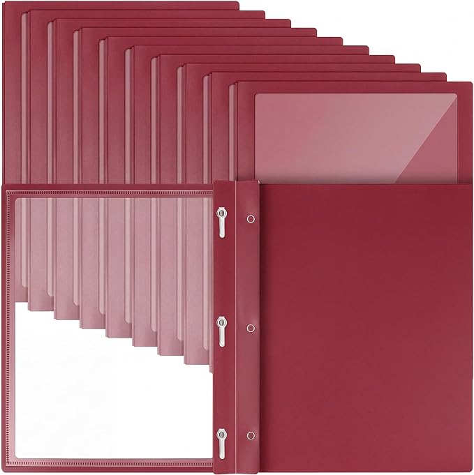 Teling 50 Pcs Report Covers with 3 Prong Fasteners Clear Front Presentation Folders Frame View Poly Report Folder Presentation Binder for Paper Document School Office (Red)