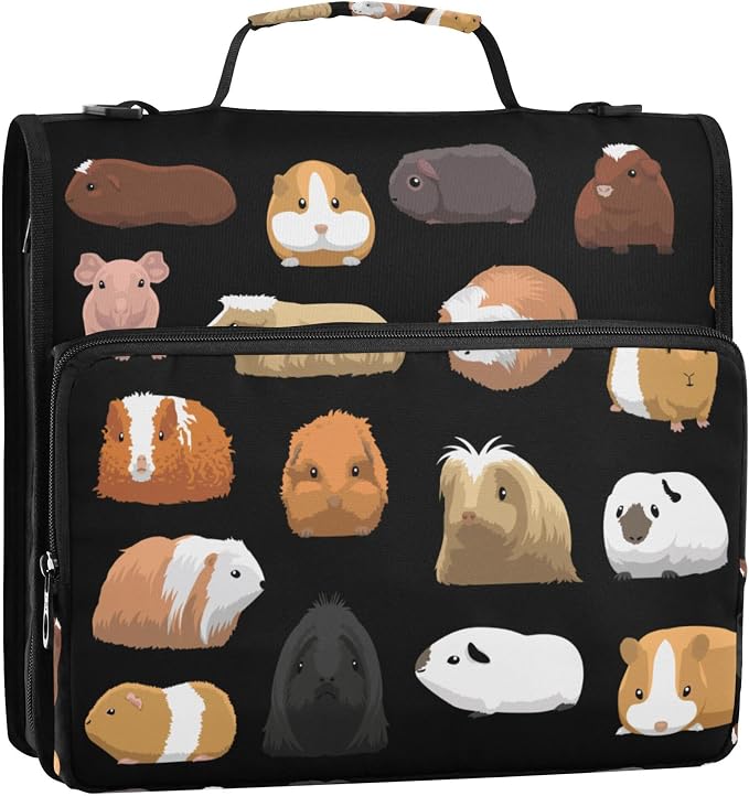 Fisyme Guinea Pig Cartoon Zipper Binder 3 Ring with Zipper and Shoulder Strap Large Capacity Multi-Pocket Zipper Binder Organizer