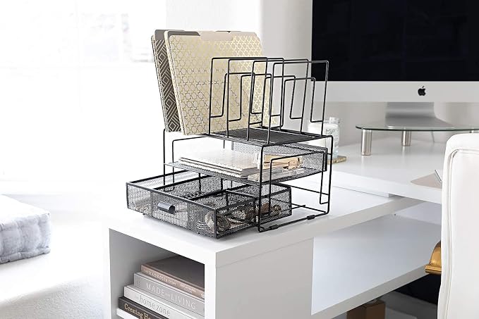 BLU MONACO | Black Wire Mesh Desk Organizer with Drawer | Desk Associates Women Office Set | File Sorters and Mesh Pen Holders Desktop Storage System