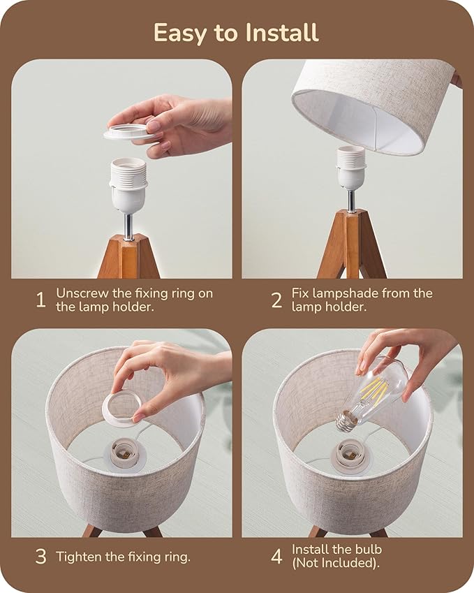 EDISHINE Tripod Table Lamp, Small Cute Bedside Lamp, 14.2 Inch, E26 Base | Light Brown Wooden Base, Linen Beige Lampshade, Nightstand Lamp for Nursery, Bedroom, Kid Room, Living Room