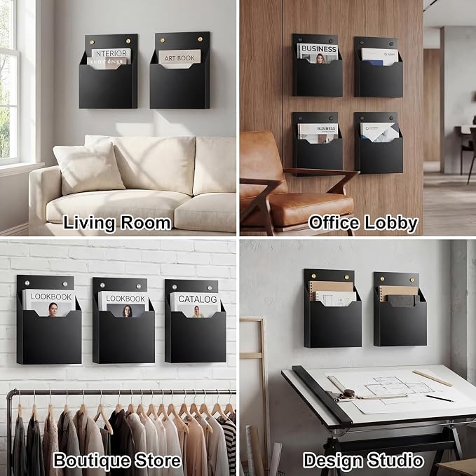 Feifeiya 2 Pcs Black Acrylic File Holder Wall Mount Mail Magazine Organizer File Holders with Screw Wall Office Document Storage Magazine Brochure (12.6"x9.5"x2.4", Widening Vertical, Black)