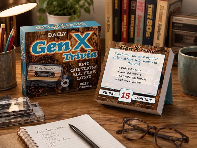 Daily Gen X Trivia 2027 Desk Calendar: Boxed Page-a-Day Nostalgia Quiz Calendar with Day-to-Day Pop Culture, Music, Movies & Throwback Challenges