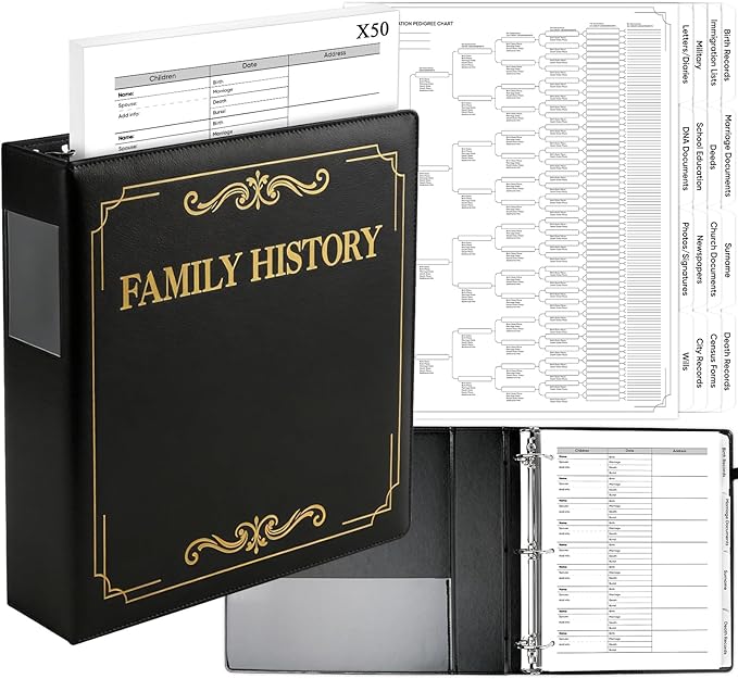 Family History Binder 3 Ring 50 Families Group Sheets 8th Generation Family Tree Chart 16 Sheets Genealogy Binder Black Cover Genealogy Organizer Supplies with Pen Loop PVC Pocket for Families History