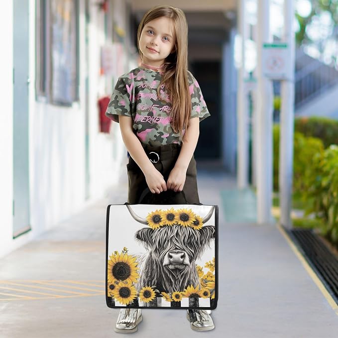 3 D-Ring Zipper Binder Bag, Gray Highland Cow Yellow Sunflower Removable Binder with Zipper Case Hold 300+ Sheets& 13 Inch Laptop for School Office Supplies Organizer