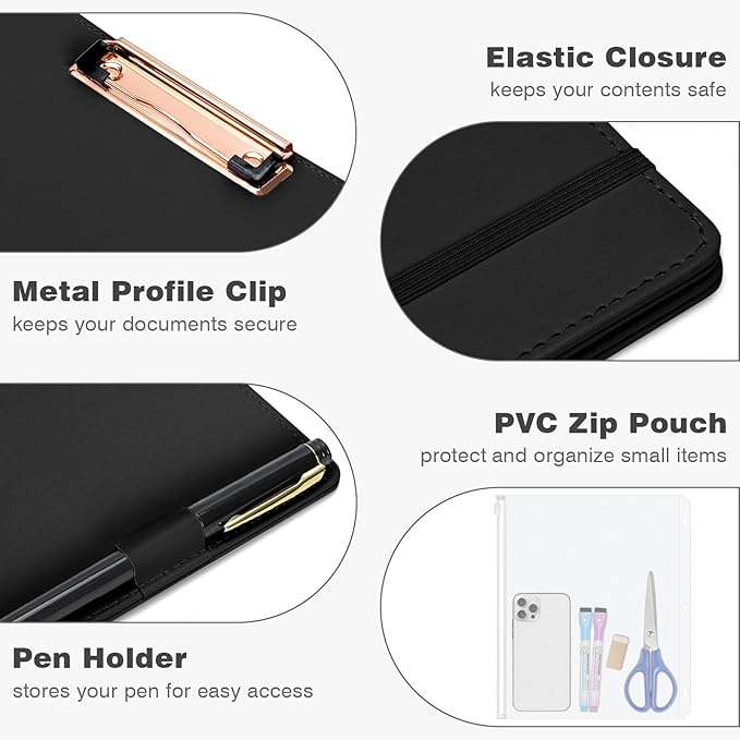 Eyrozill Professional Leather Portfolio with Clipboard, Zipper Pouch, 5 Sheets Plastic Dividers，Leather 3 Ring Binder 8.5 x 11, 2-inch Round Rings, Black