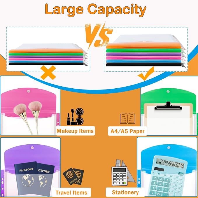 24 Pack A4 Binder Pockets Organizer Folders, 6 Colors | Binder Pockets For 2 3 4 Ring, Snap Button And Label, Expandable Plastic Envelopes for Office