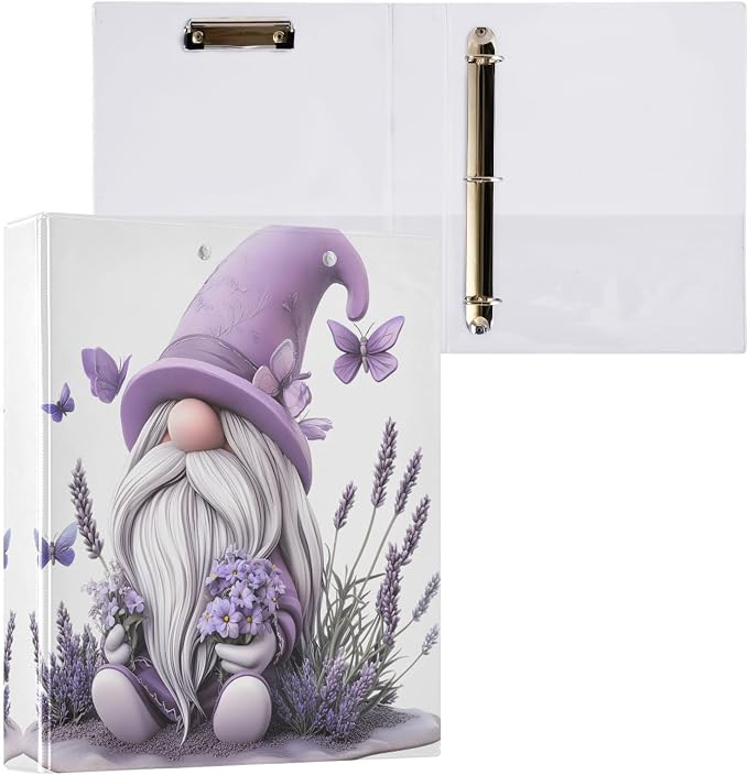 3 Ring Binder Gnome Purple Lavender Butterflies 1.5" Round Ring Binders View Binder with 200 Sheet for Kids School Supplies Women Men Office, 1 Pack