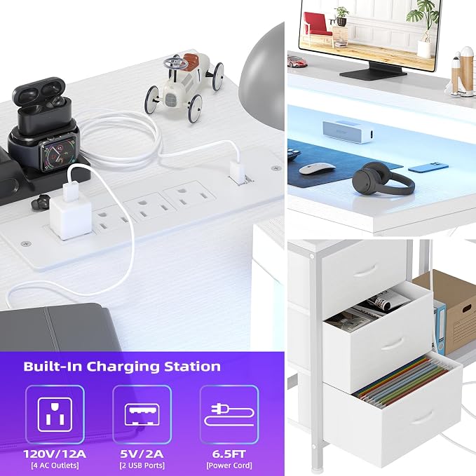 Garvee L-Shaped Computer Desk with Power Outlets & LED Lights - 43-Inch Reversible Corner Gaming Desk with 3 Drawers, Storage Shelves & Removable Monitor Stand, Modern Home Office Desk