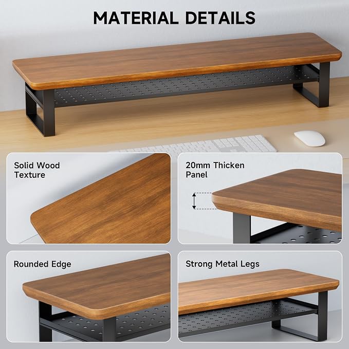 Dual Monitor Stand, 35.4 Inch Monitor Stand Riser for 2 Monitors, 2 Tiers Wood Desk Shelf with Storage, Desktop Organizer Stand for Computer, Laptop, Printer, TV