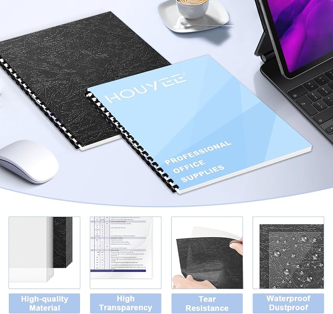 HOUYEE 100 Pack Binding Covers and Backs Set, 8.5x11 Inches, Letter Size | Including 50Pcs 5 Mil PVC Clear Binding Covers, 50Pcs 12 Mil Black Paper Leather Textured Back Covers, Office School Supplies