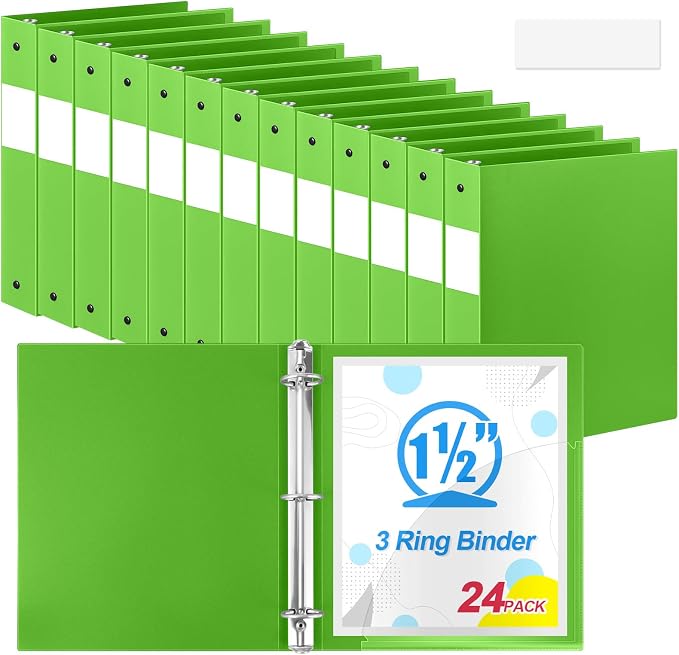 Henoyso 24 Pcs 1.5 Inch 3 Ring Binders, Letter Size,Lime Green | Binders Bulk, Holds 350 Sheets, Round Rings, Durable Flexible PP Plastic Covers, Pockets Labels, School Office Supplies