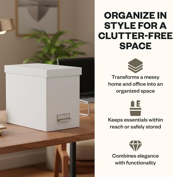 Bigso John Fiberboard Label Frame Desktop File Storage Box - Document Organizer for Important Paperwork - Durable Hanging File Box with a Lid & Metal Label Window - 7.36 x 13.38 x 10.51 in - White