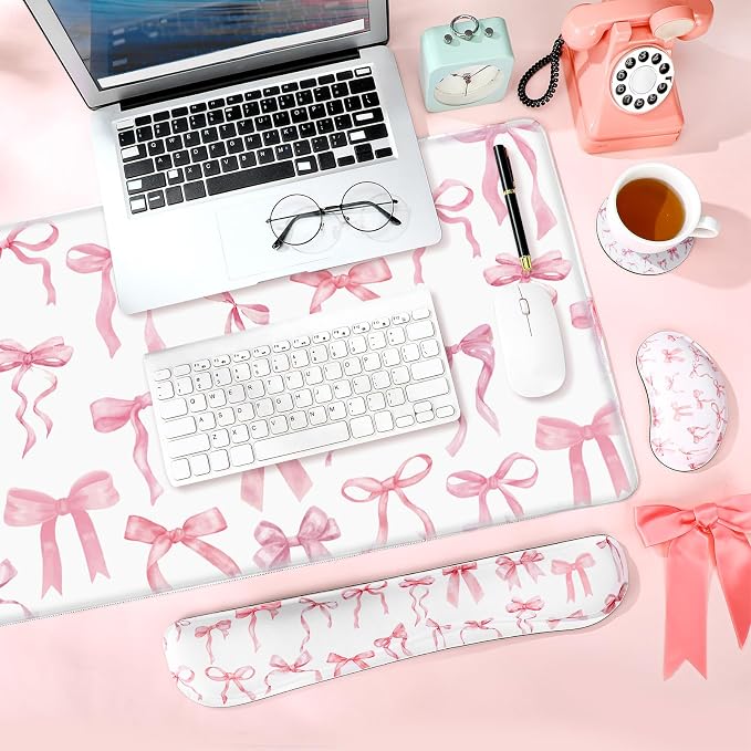 Relaxweex 4 Pcs Pink Bow Mouse Pad Keyboard Mat Set Wrist Rest | Coquette Desk Mat, Bowknot Mouse Pad, Cute Keyboard Wrist Rest, Preppy Cup Coasters, Office Computer Accessories