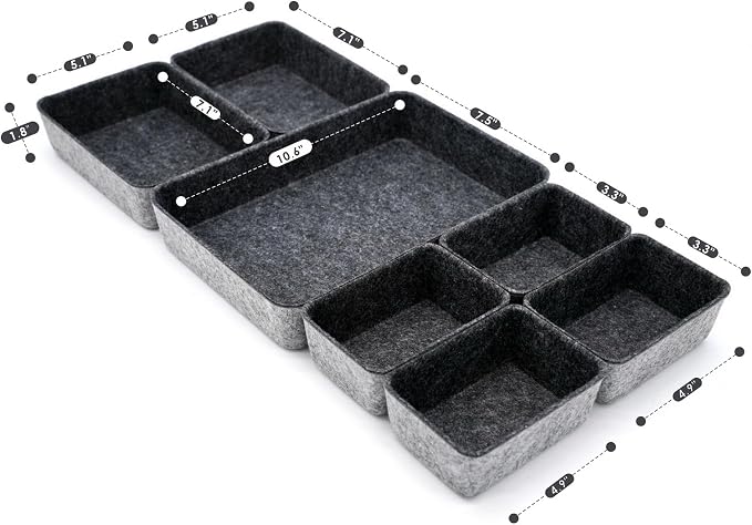 7pc Shallow Felt Desk Drawer Organizers Trays Charcoal Storage Bins