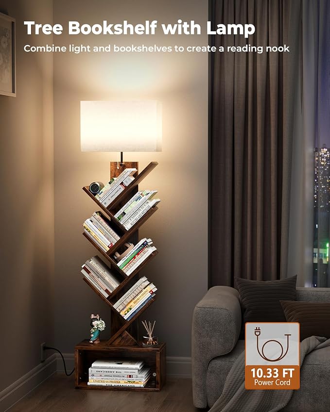 Evermagin 6 Tier Tree Bookshelf with Light, Bookcase, Rustic Brown | Narrow Tower Design, Storage Cabinet for Book Organization, Tall Floor Standing Use, Living Room, Bedroom and Home Office