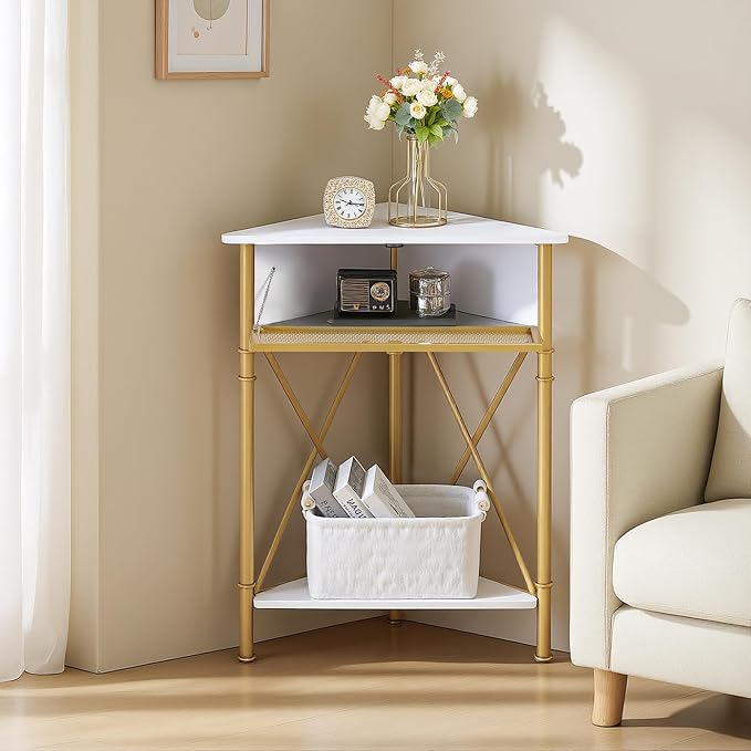 VECELO Cabinet/Table, 3-Tier Display Shelves with Protection Door, Metal Frame Storage Shelf Organizer for Small Space, Living Room, Kitchen, Bathroom, Set of 1, Gold+Black