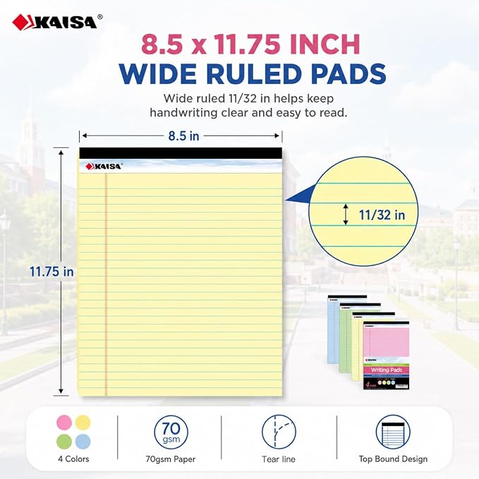KAISA note pads Colored Legal Pad Writing Pads 8.5x11 inch, Wide Ruled, 40 Sheets/Pad, 20lb Colored Paper, Perforated Writing Pad with Sturdy Back (4 Pads), KSU-5972