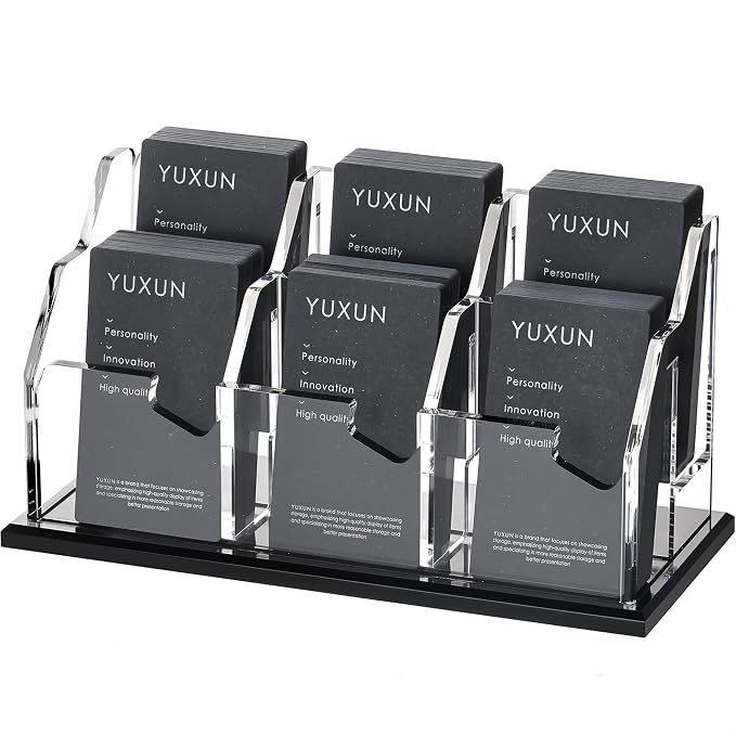 YUXUN Business Card Holder for Desk Vertical 2 Tier 6 Slot ,Black Acrylic Business Card Display Stand for Men & Women,Desktop Business Card Organizer for Office Home Exhibition, 300 Card Capacity