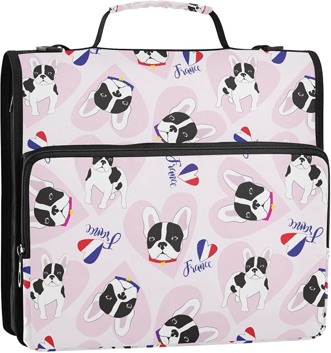 Personalized Cute French Bulldog 3 D-Ring Binder Bag Zipper Organizer | Multi-Pocket with Handle and Detachable Shoulder Strap Holds 500 Sheets for School Office Supplies