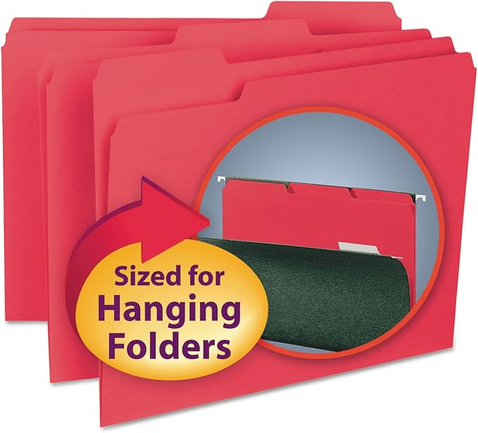 Smead Interior File Folder, 1/3-Cut Tab, Letter Size, Red, 100 per Box, Expandable File Folders for Filing Cabinet