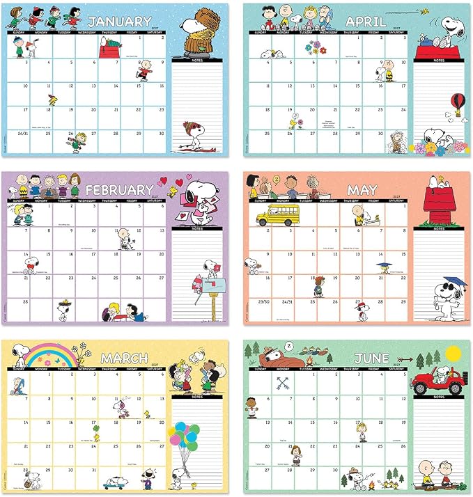 Current 2027-2028 Desk Calendar Pad | Peanuts, 11” x 16.25”, Large, 2024-Month, 12 page Designs, Self-Stick Magnet Strips