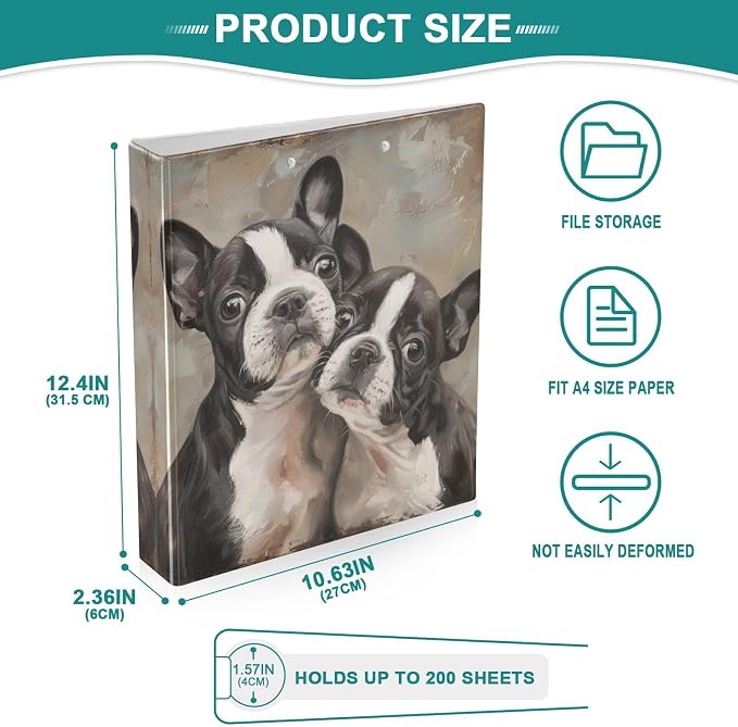 Boston Terrier Puppies Brown 1.5 Inch Binders 3 Ring for Letter Size Holds 200 Sheets Notebook Binder with Clipboard for Women or Men 2 Pack