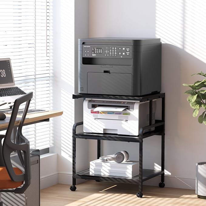 Arbuxzuy Large Printer Stand with Storage Shelf, 23.6" W x 18.9" D Printer Cart with Wheels, 3 Tier Mobile Printer Table for Home Office,Stands for Heat Press Scanner Fax (Black)