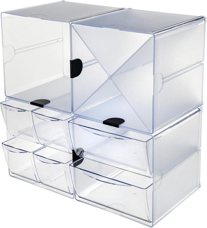 Deflecto Stackable Cube Organizer, Desk and Craft Organizer, 4 Drawers, Clear, Removable Drawers and Dividers, 6"W x 6"H x 7 1/8"D (350301CR)